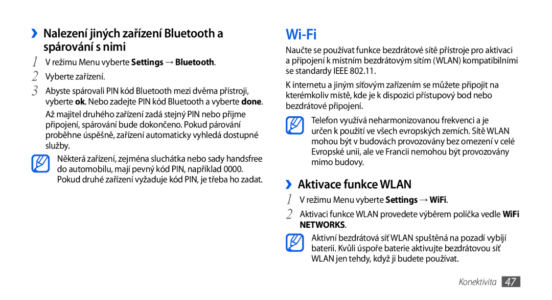 Samsung GT-I8700YKAORS manual Wi-Fi, ››Nalezení jiných zařízení Bluetooth a spárování s nimi, ››Aktivace funkce Wlan 