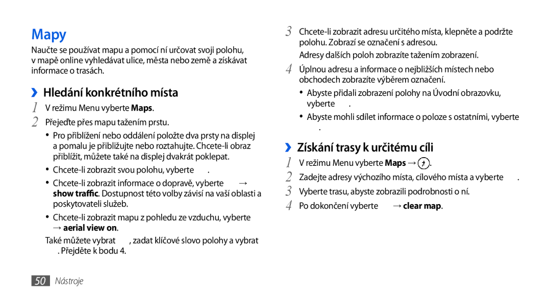 Samsung GT-I8700YKAMOB Mapy, ››Hledání konkrétního místa, ››Získání trasy k určitému cíli, → aerial view on, 50 Nástroje 