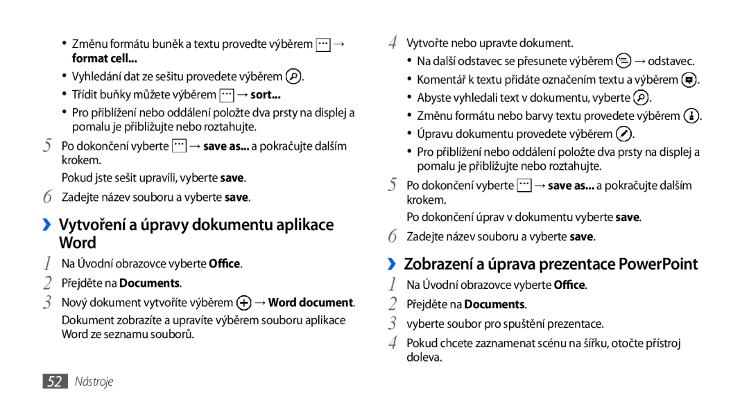 Samsung GT-I8700YKATMZ, GT-I8700YKAORS, GT-I8700YKAO2C, GT-I8700YKAMOB manual Word, Format cell, 52 Nástroje 