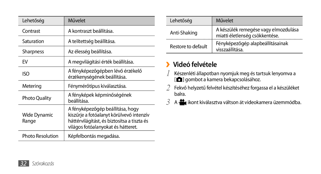 Samsung GT-I8700YKATMN, GT-I8700YKADRE, GT-I8700YKAATO, GT-I8700YKAOMN, GT-I8700YKAITV manual ››Videó felvétele, 32 Szórakozás 