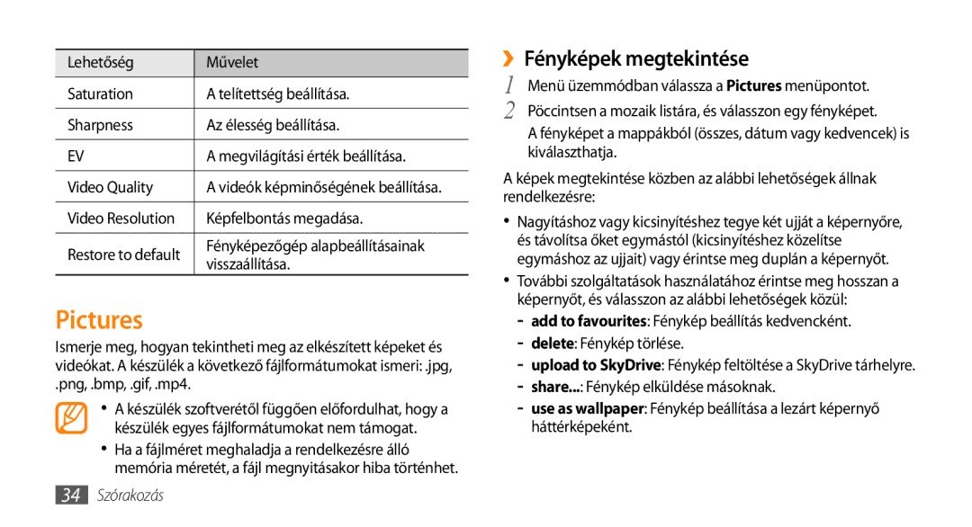 Samsung GT-I8700YKAATO, GT-I8700YKATMN manual Pictures, ››Fényképek megtekintése, Png, .bmp, .gif, .mp4, 34 Szórakozás 