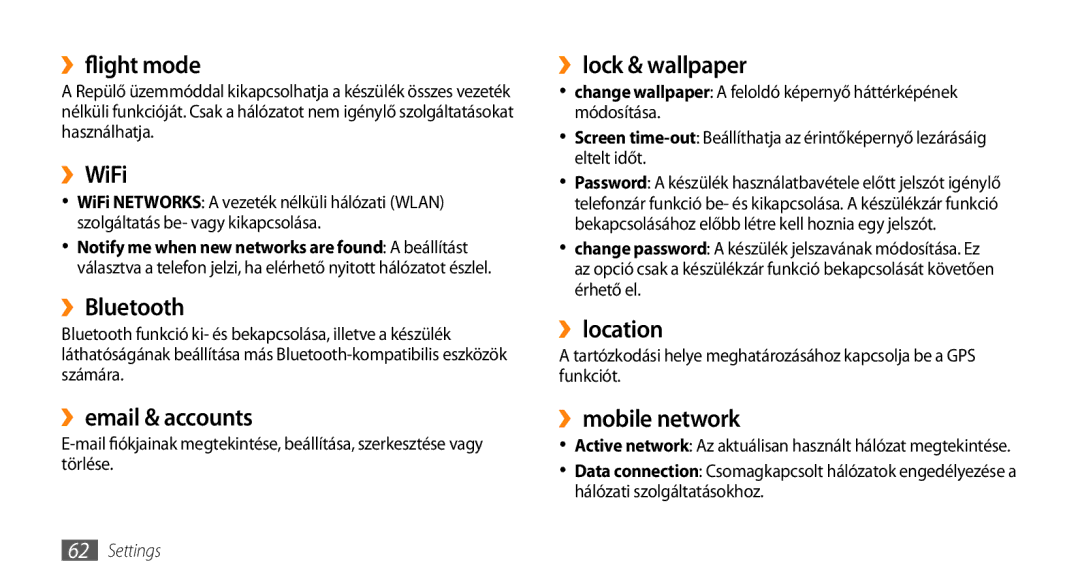 Samsung GT-I8700YKATMH manual ››flight mode, ››WiFi, ››Bluetooth, ››email & accounts, ››lock & wallpaper, ››location 