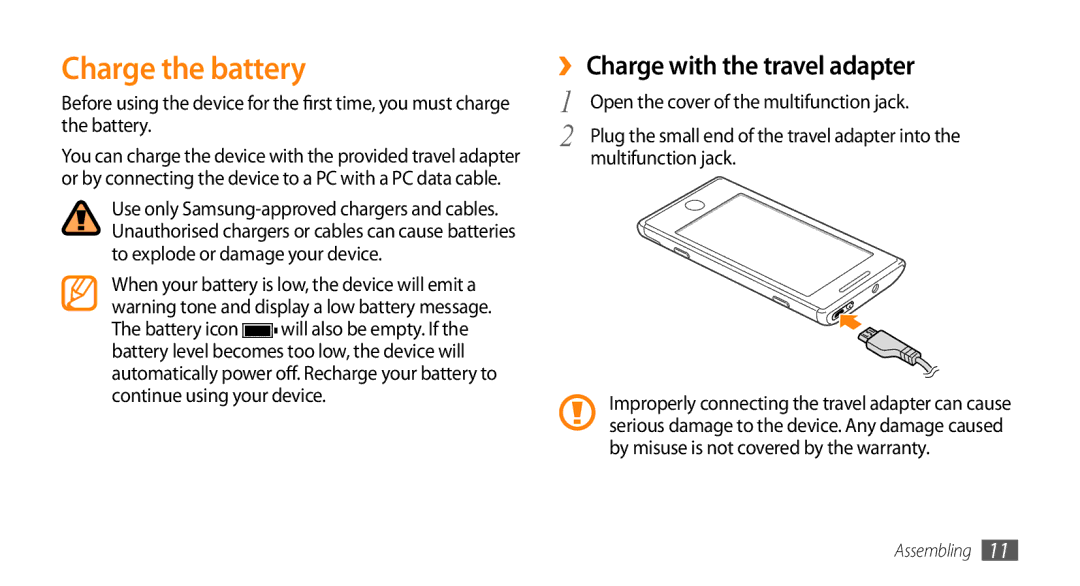 Samsung GT-I8700YKAVVT, GT-I8700YKATMN, GT-I8700YKADRE, GT-I8700YKADBT Charge the battery, ›› Charge with the travel adapter 