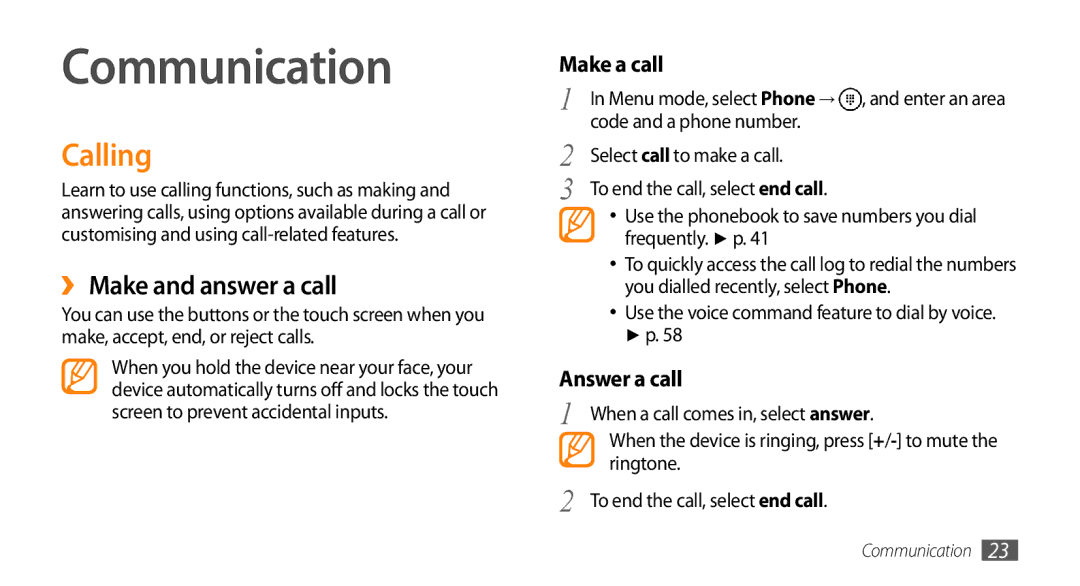 Samsung GT-I8700YKADTM, GT-I8700YKATMN, GT-I8700YKADRE, GT-I8700YKADBT Communication, Calling, ›› Make and answer a call 