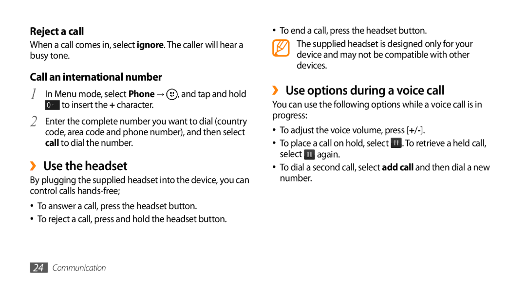 Samsung GT-I8700YKASFR, GT-I8700YKATMN ›› Use the headset, ›› Use options during a voice call, To insert the + character 