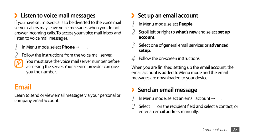 Samsung GT-I8700YKAITV ›› Listen to voice mail messages, ›› Set up an email account, ›› Send an email message, Account 