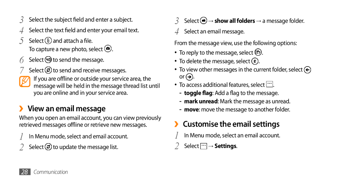 Samsung GT-I8700YKAPAN, GT-I8700YKATMN ›› View an email message, ›› Customise the email settings, Select an email message 