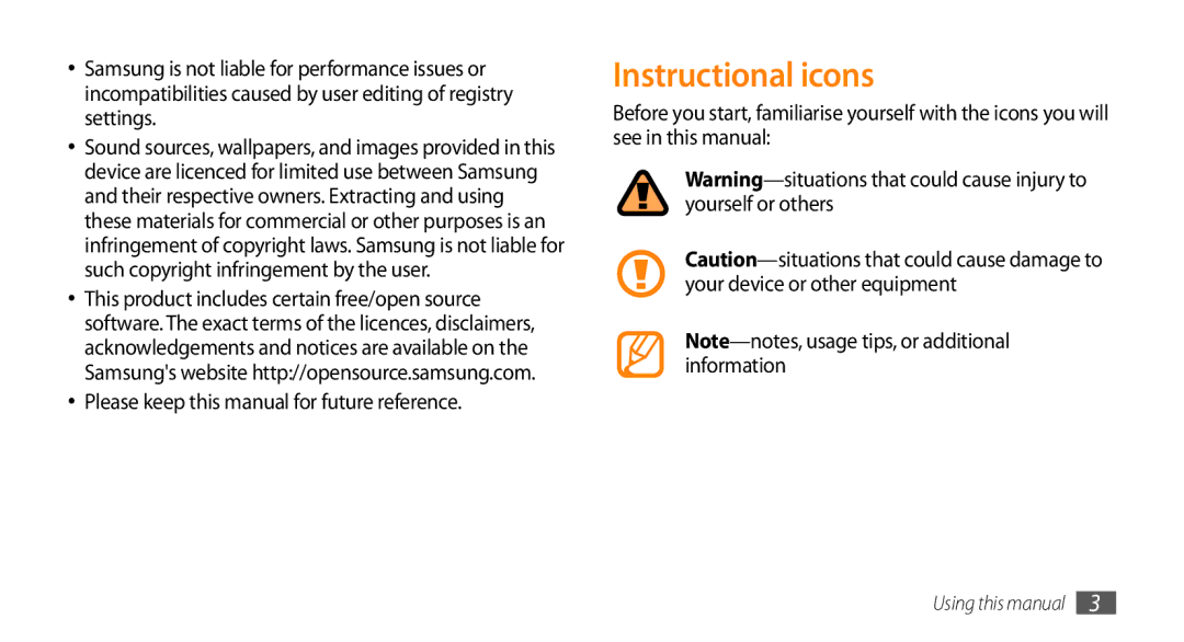 Samsung GT-I8700YKAEPL, GT-I8700YKATMN, GT-I8700YKADRE Instructional icons, Please keep this manual for future reference 