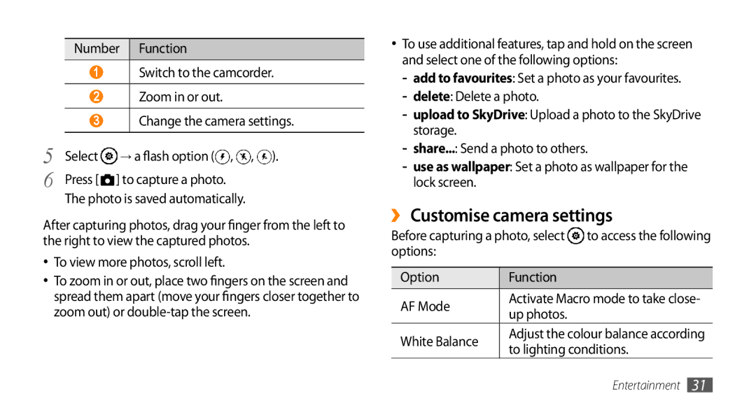 Samsung GT-I8700YKAORS manual ›› Customise camera settings, To view more photos, scroll left, Options Function AF Mode 