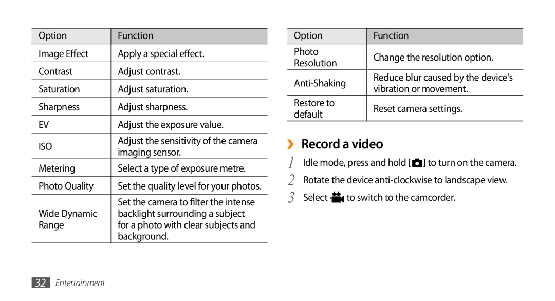 Samsung GT-I8700YKATMZ, GT-I8700YKATMN, GT-I8700YKADRE, GT-I8700YKADBT, GT-I8700YKAEPL, GT-I8700YKAATO manual ›› Record a video 