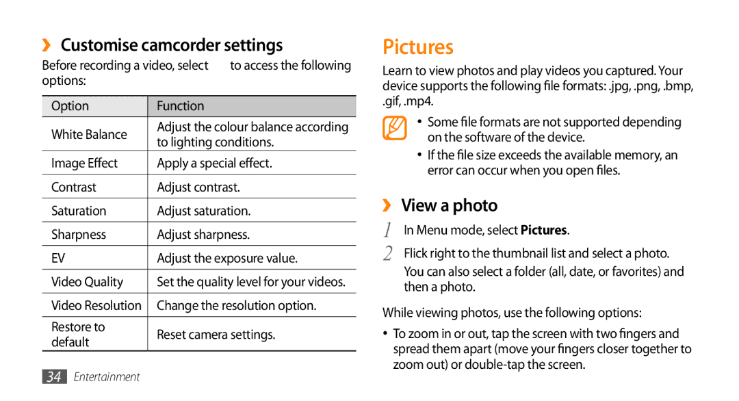 Samsung GT-I8700YKAMOB, GT-I8700YKATMN, GT-I8700YKADRE manual Pictures, ›› Customise camcorder settings, ›› View a photo 