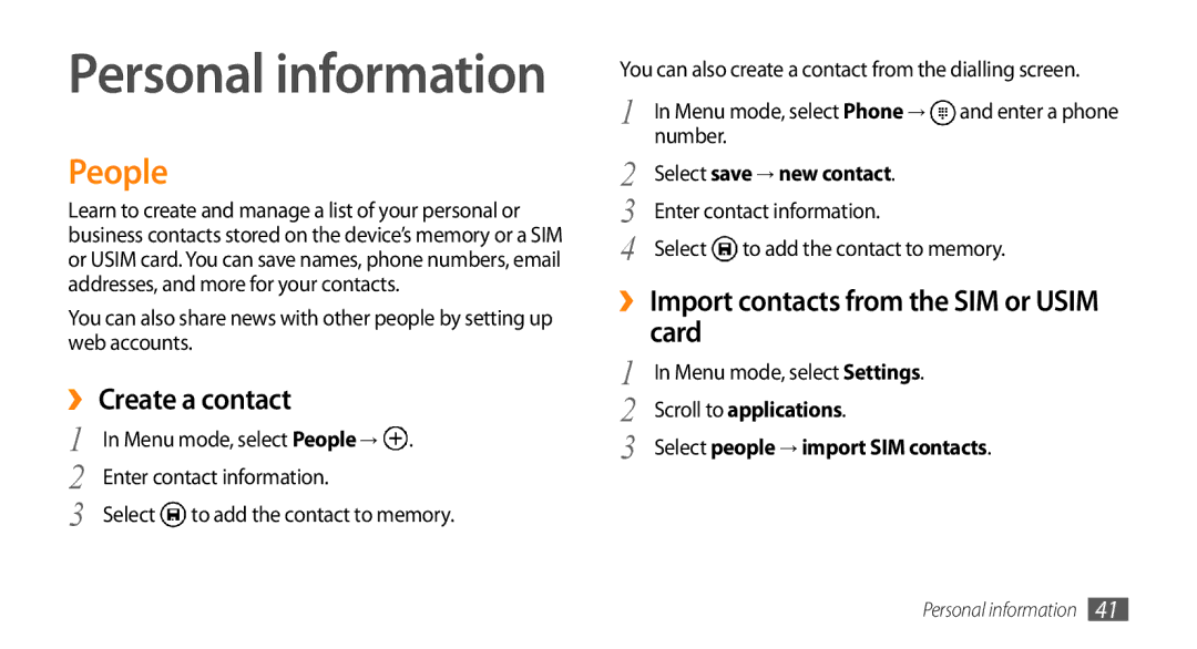 Samsung GT-I8700YKADTM People, ›› Create a contact, ›› Import contacts from the SIM or Usim card, Scroll to applications 