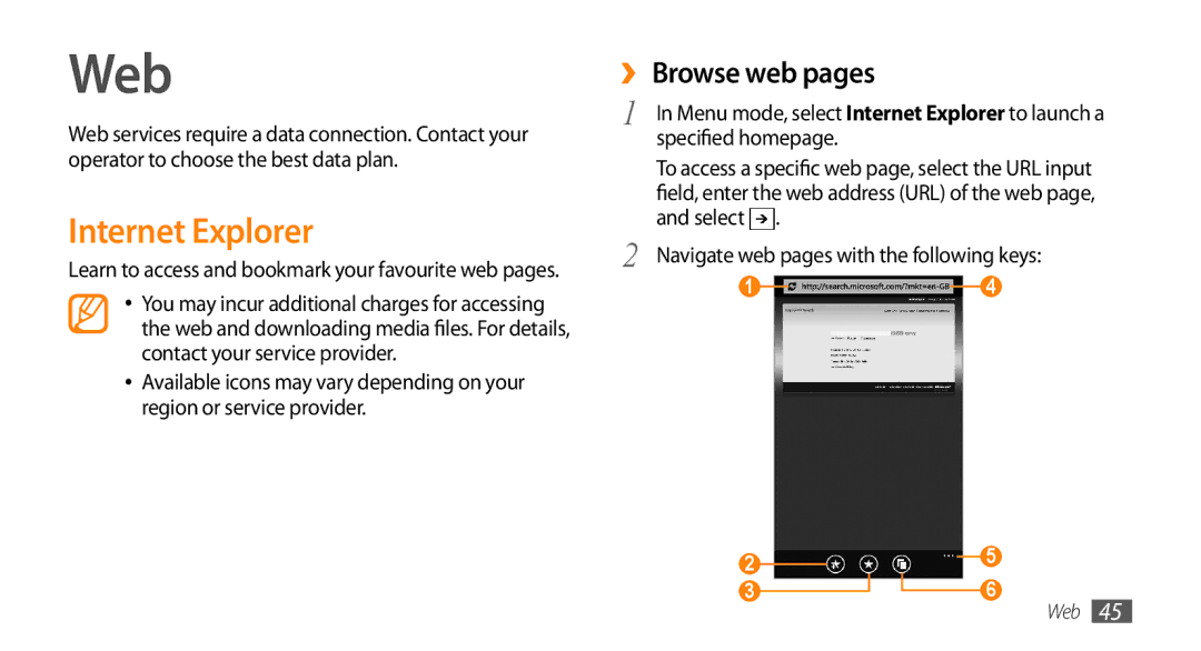Samsung GT-I8700YKAITV, GT-I8700YKATMN, GT-I8700YKADRE manual Web, Internet Explorer, ›› Browse web pages, Specified homepage 