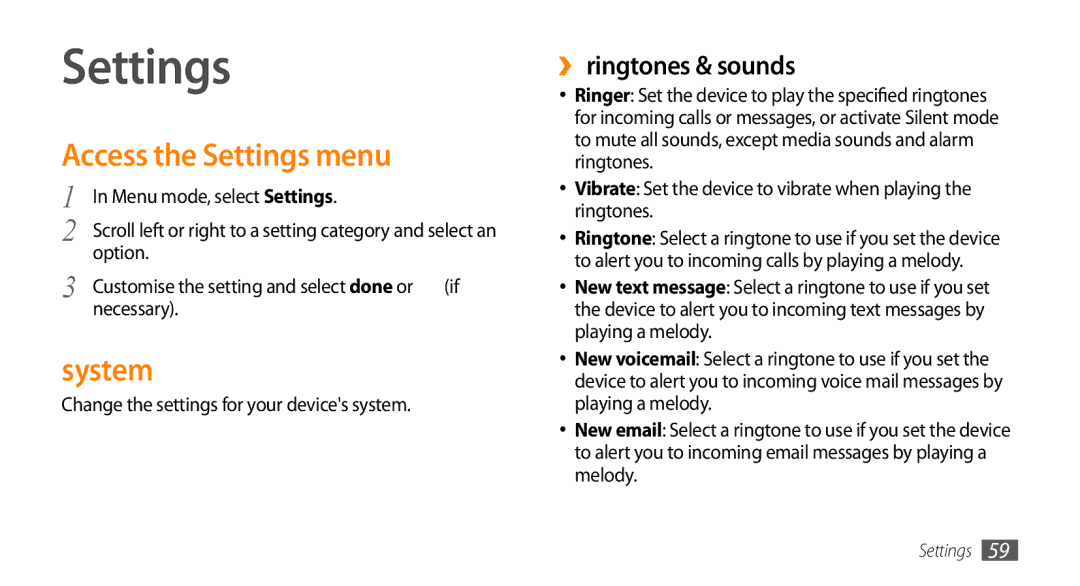 Samsung GT-I8700YKADTM, GT-I8700YKATMN, GT-I8700YKADRE manual Access the Settings menu, System, ›› ringtones & sounds 