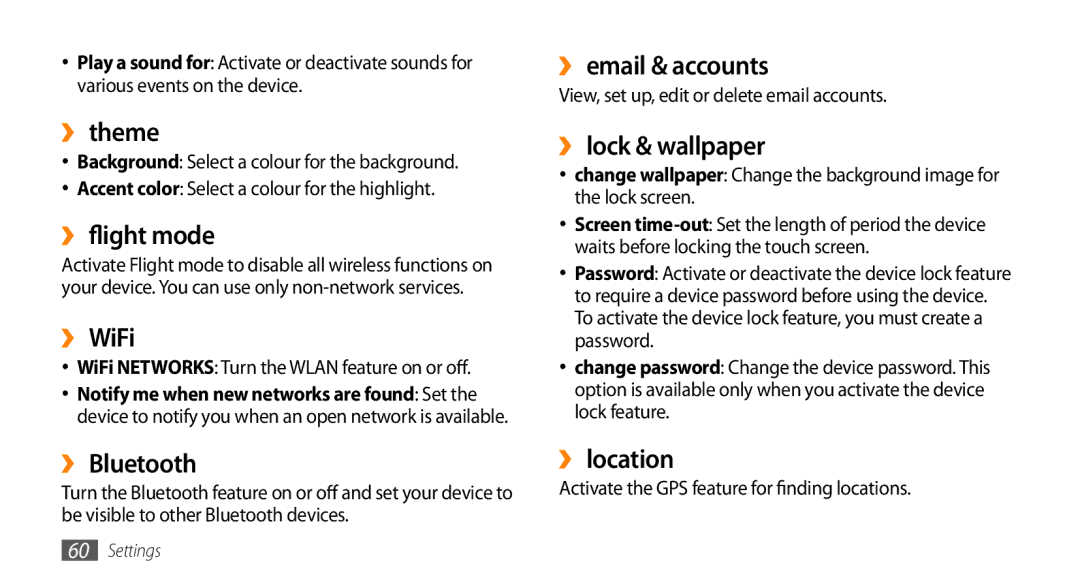 Samsung GT-I8700YKASFR manual ››theme, ›› flight mode, ›› WiFi, ›› Bluetooth, ›› email & accounts, ›› lock & wallpaper 