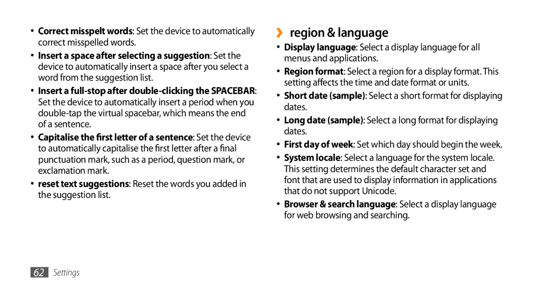 Samsung GT-I8700YKAOMN, GT-I8700YKATMN manual ›› region & language, First day of week Set which day should begin the week 