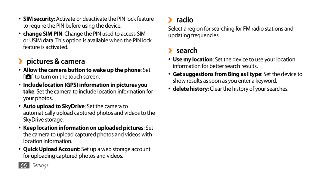 Samsung GT-I8700YKAGBL manual ›› pictures & camera, ›› radio, ›› search, Delete history Clear the history of your searches 