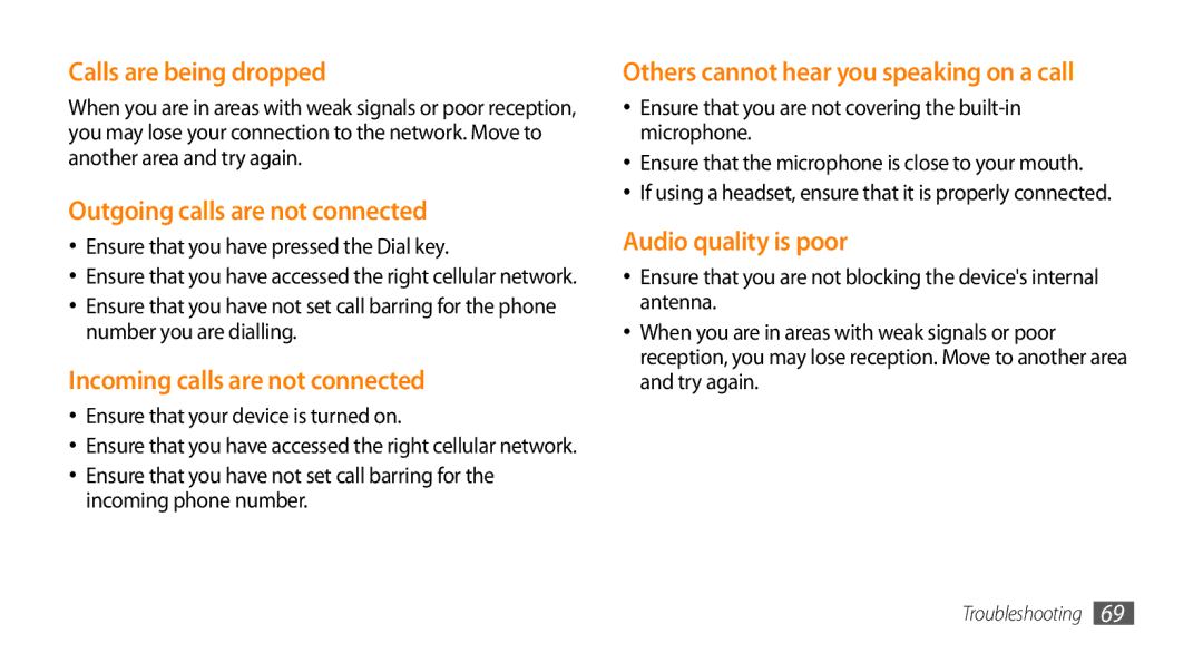 Samsung GT-I8700YKAO2C manual Calls are being dropped, Outgoing calls are not connected, Incoming calls are not connected 