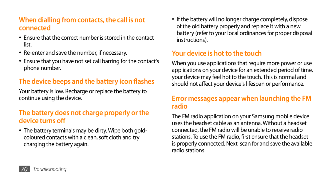 Samsung GT-I8700YKAMOB manual When dialling from contacts, the call is not connected, Your device is hot to the touch 