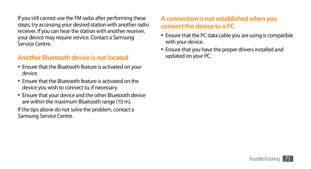 Samsung GT-I8700YKBSEB, GT-I8700YKATMN, GT-I8700YKADRE, GT-I8700YKADBT manual Another Bluetooth device is not located 