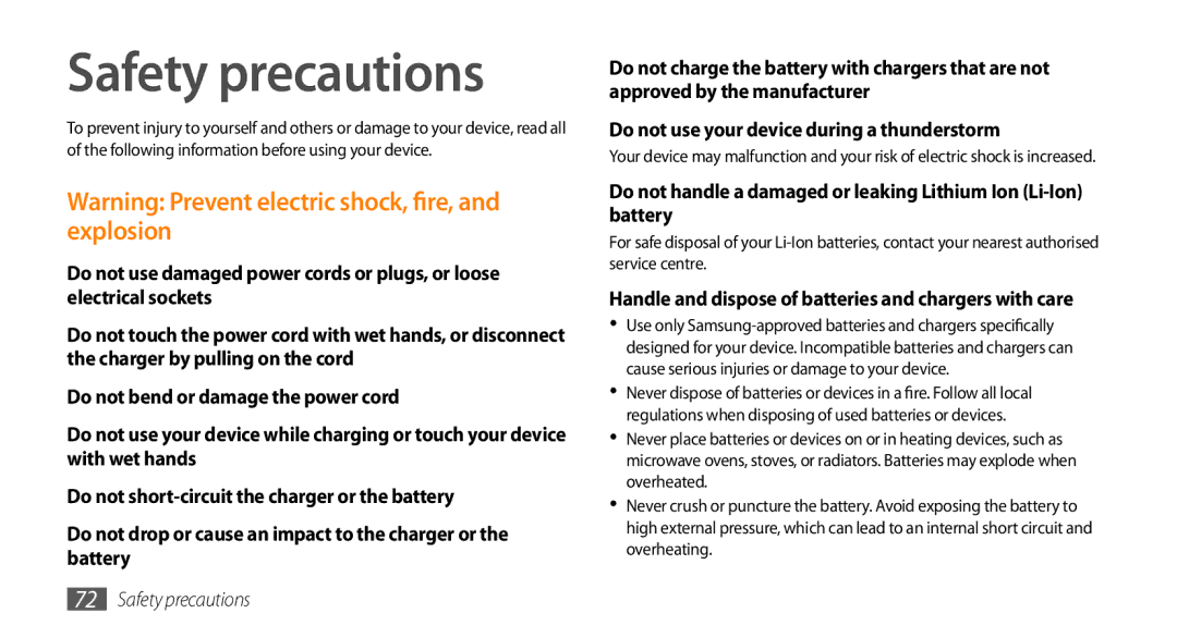 Samsung GT-I8700YKATMN, GT-I8700YKADRE manual Safety precautions, Handle and dispose of batteries and chargers with care 