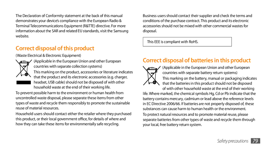 Samsung GT-I8700YKAHUI, GT-I8700YKATMN Correct disposal of this product, Correct disposal of batteries in this product 