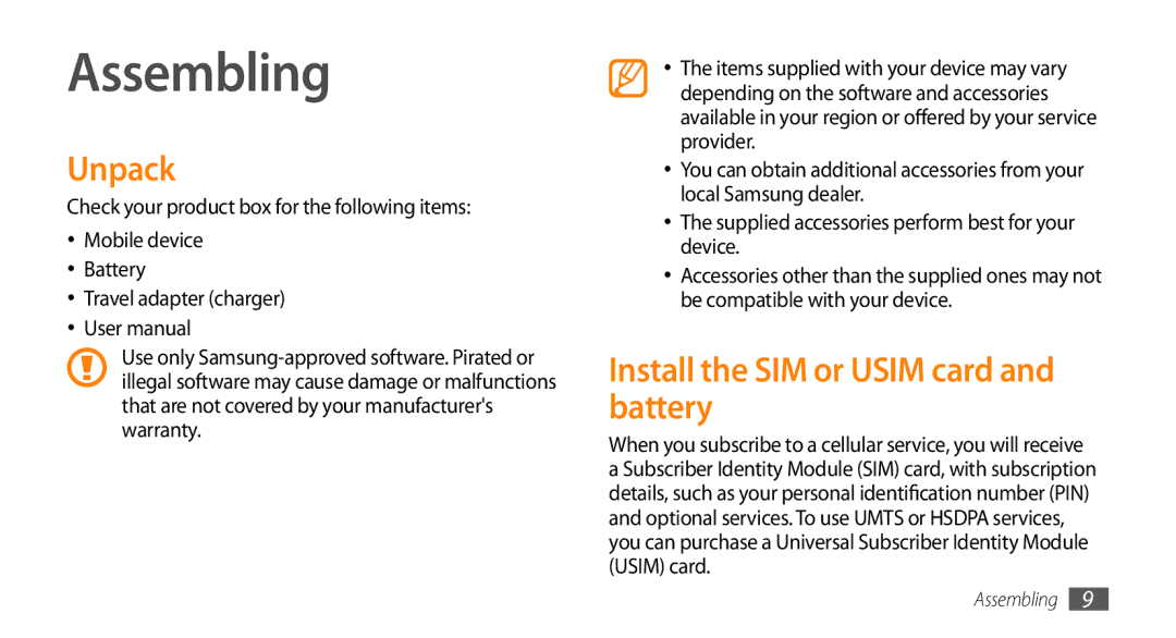 Samsung GT-I8700YKAITV, GT-I8700YKATMN, GT-I8700YKADRE manual Assembling, Unpack, Install the SIM or Usim card and battery 