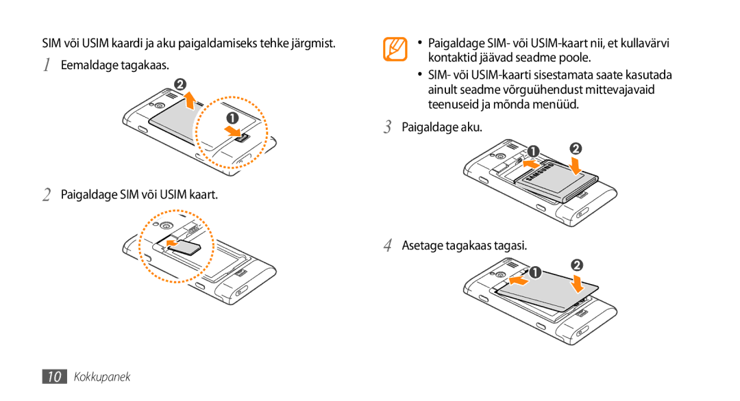 Samsung GT-I8700YKBSEB manual Paigaldage aku Asetage tagakaas tagasi 