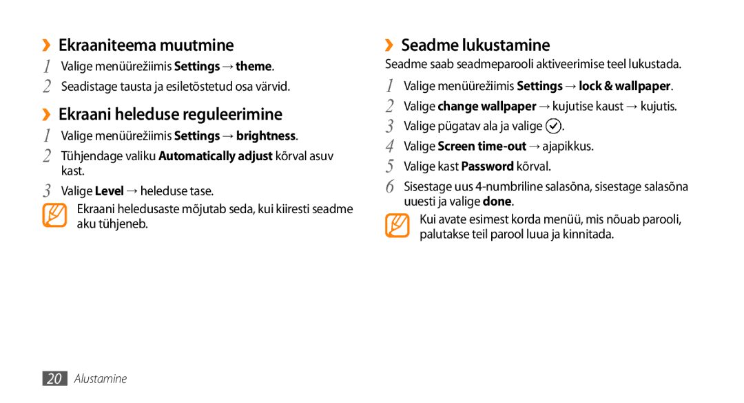 Samsung GT-I8700YKBSEB manual ››Ekraaniteema muutmine, ››Seadme lukustamine 