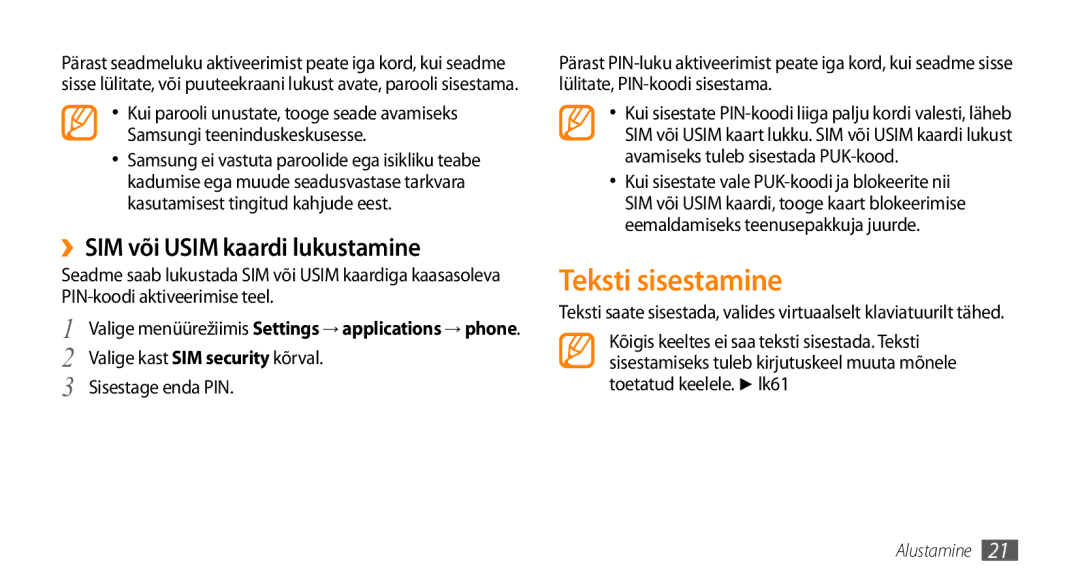 Samsung GT-I8700YKBSEB manual Teksti sisestamine, ››SIM või Usim kaardi lukustamine, Valige kast SIM security kõrval 