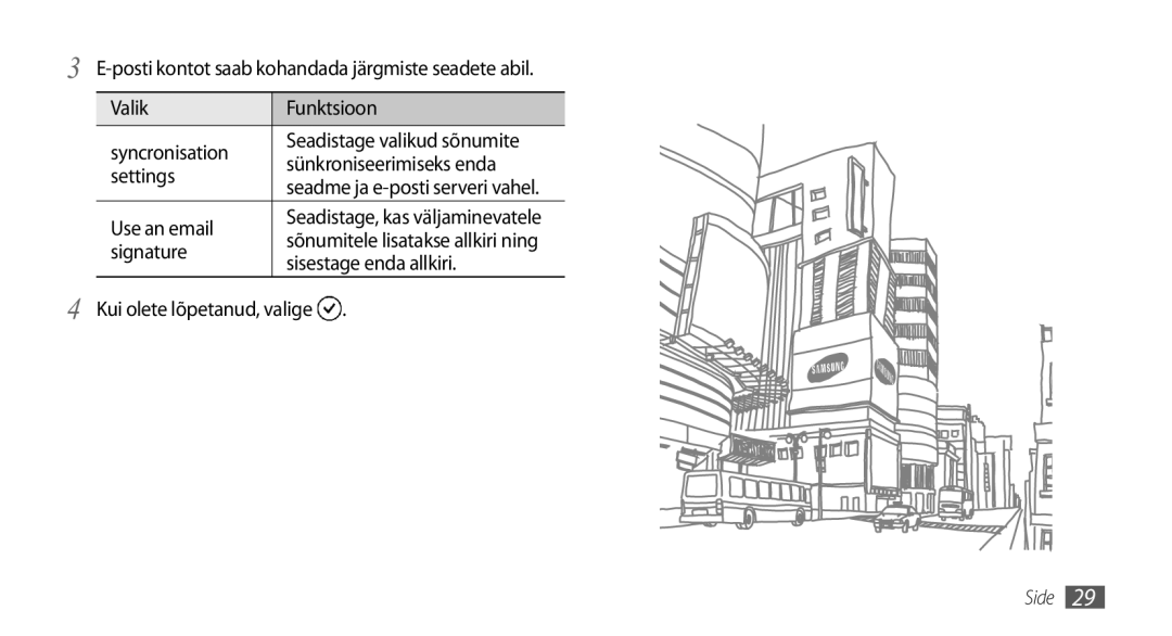 Samsung GT-I8700YKBSEB manual Valik Funktsioon Syncronisation, Sünkroniseerimiseks enda, Settings, Use an email, Signature 