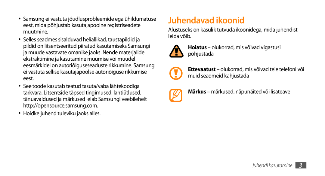 Samsung GT-I8700YKBSEB manual Juhendavad ikoonid, Hoidke juhend tuleviku jaoks alles 