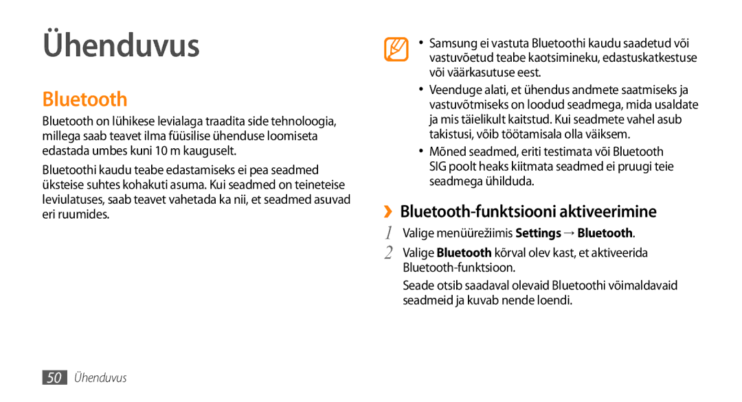 Samsung GT-I8700YKBSEB manual Ühenduvus, ››Bluetooth-funktsiooni aktiveerimine 