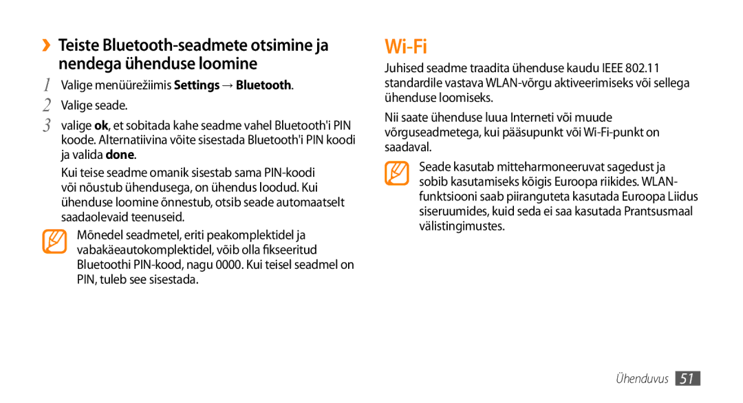 Samsung GT-I8700YKBSEB manual Wi-Fi, Valige menüürežiimis Settings → Bluetooth, Valige seade 