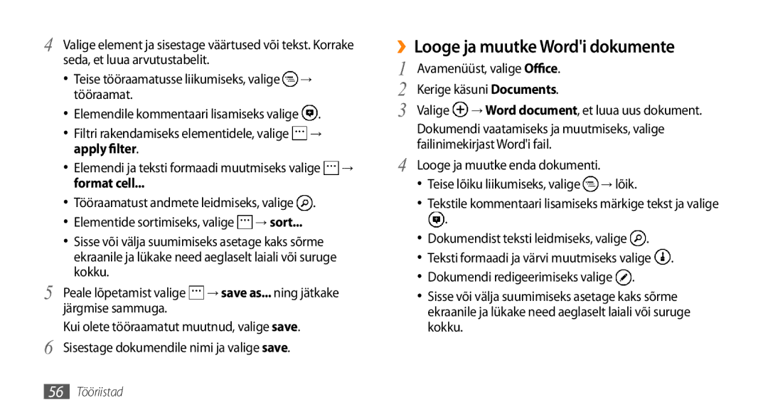 Samsung GT-I8700YKBSEB manual ››Looge ja muutke Wordi dokumente, Apply filter, Format cell 