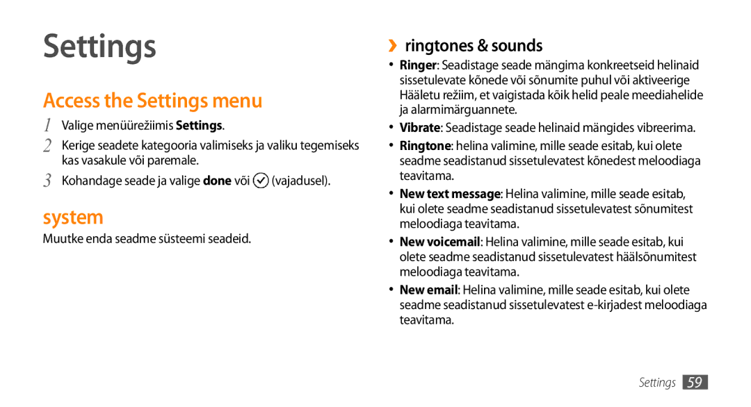 Samsung GT-I8700YKBSEB manual Access the Settings menu, System, ››ringtones & sounds 