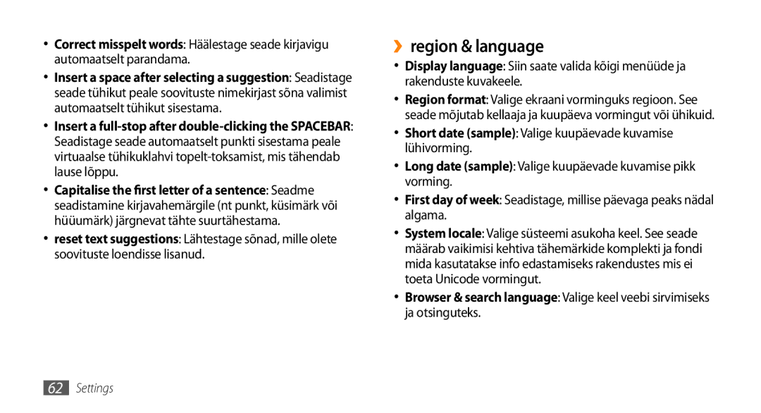 Samsung GT-I8700YKBSEB manual ››region & language, Short date sample Valige kuupäevade kuvamise lühivorming 