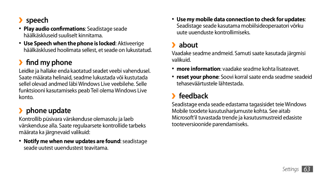 Samsung GT-I8700YKBSEB manual ››speech, ››find my phone, ››phone update, ››about, ››feedback 