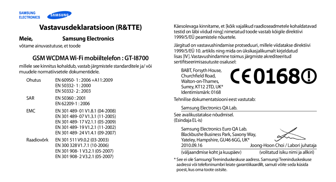 Samsung GT-I8700YKBSEB manual Meie, GSM Wcdma Wi-Fi mobiiltelefon GT-I8700 