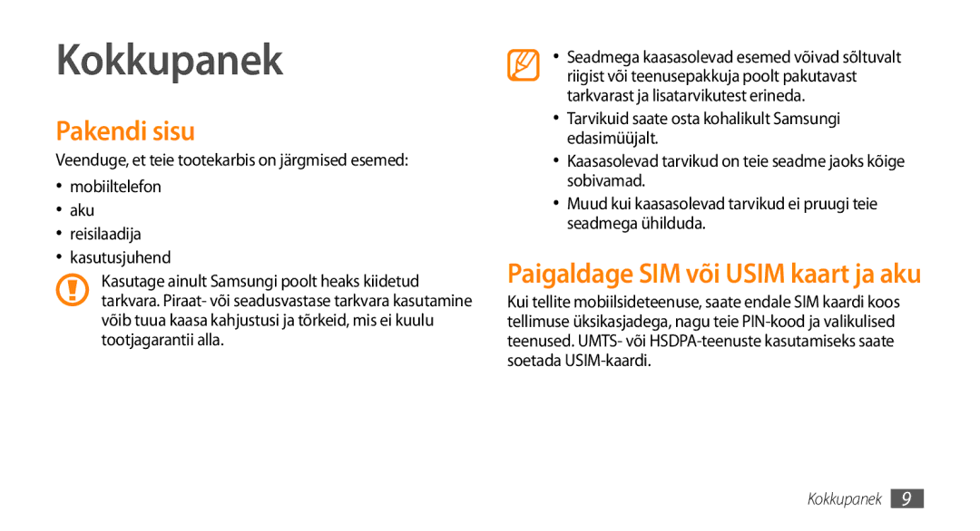 Samsung GT-I8700YKBSEB manual Kokkupanek, Pakendi sisu 