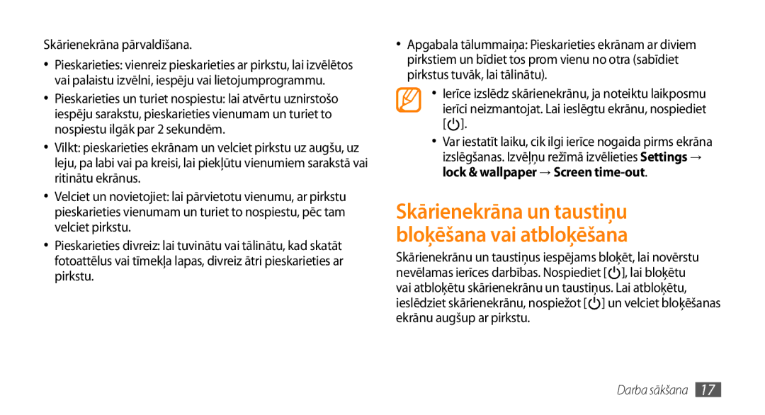 Samsung GT-I8700YKBSEB manual Skārienekrāna un taustiņu bloķēšana vai atbloķēšana, Skārienekrāna pārvaldīšana 