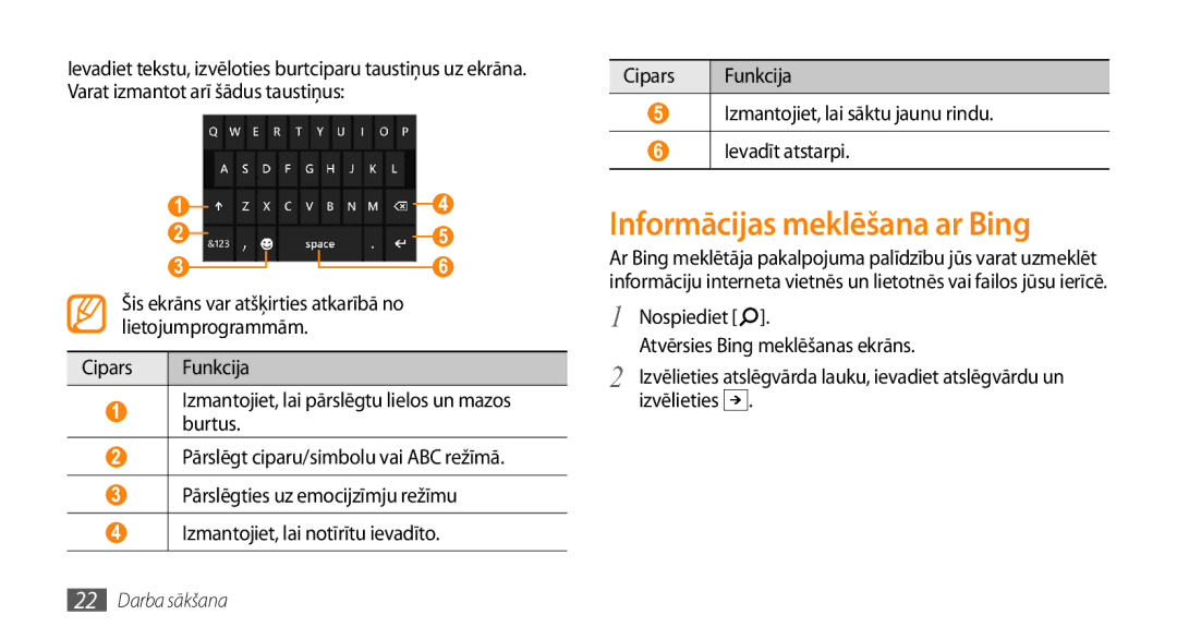 Samsung GT-I8700YKBSEB manual Informācijas meklēšana ar Bing, Atvērsies Bing meklēšanas ekrāns 