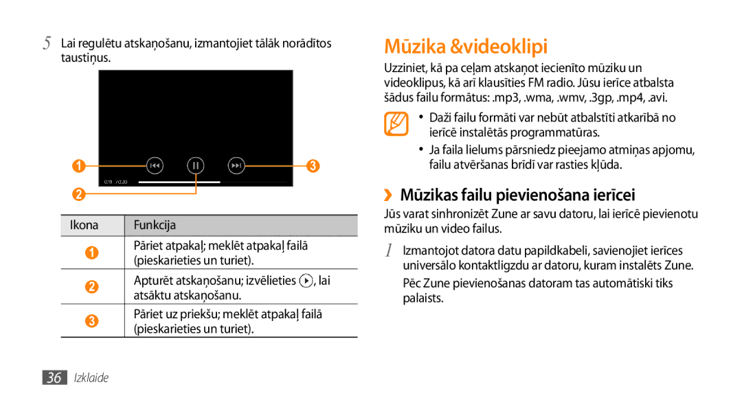 Samsung GT-I8700YKBSEB manual Mūzika &videoklipi, ››Mūzikas failu pievienošana ierīcei, Atsāktu atskaņošanu 