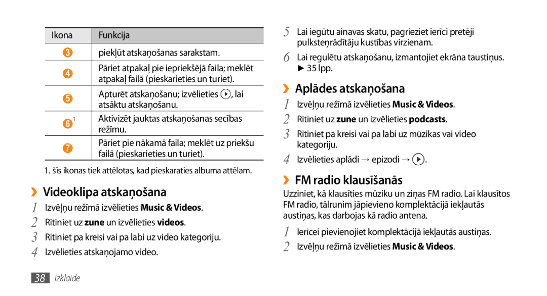 Samsung GT-I8700YKBSEB manual ››Videoklipa atskaņošana, ››Aplādes atskaņošana, ››FM radio klausīšanās 