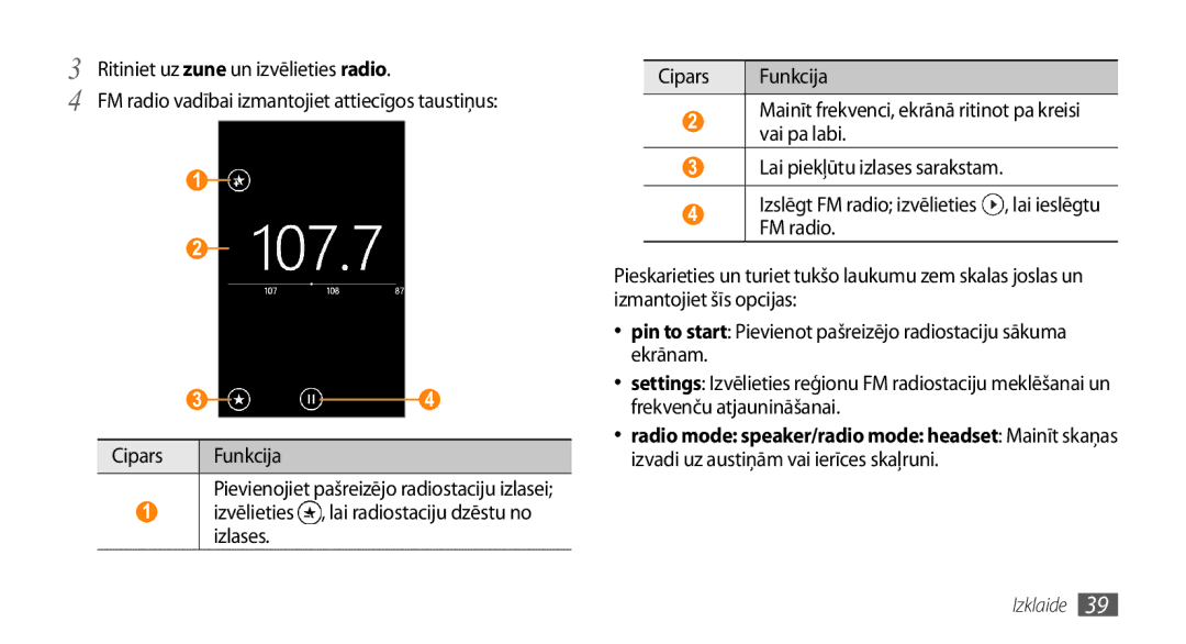 Samsung GT-I8700YKBSEB manual Ritiniet uz zune un izvēlieties radio, Izlases 