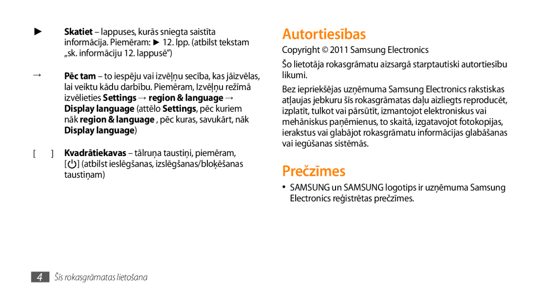 Samsung GT-I8700YKBSEB manual Autortiesības, Prečzīmes, Display language, Taustiņam 