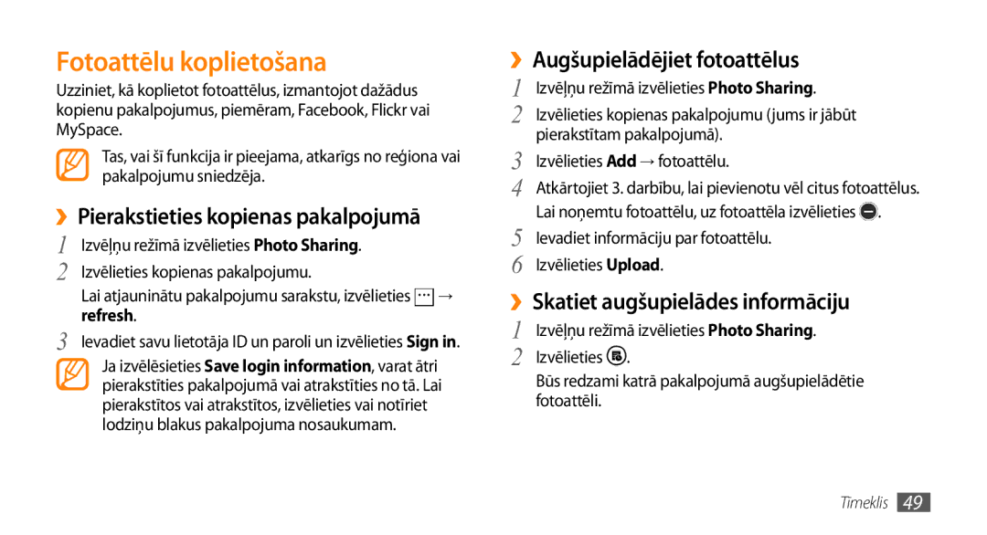 Samsung GT-I8700YKBSEB manual Fotoattēlu koplietošana, ››Augšupielādējiet fotoattēlus, ››Skatiet augšupielādes informāciju 