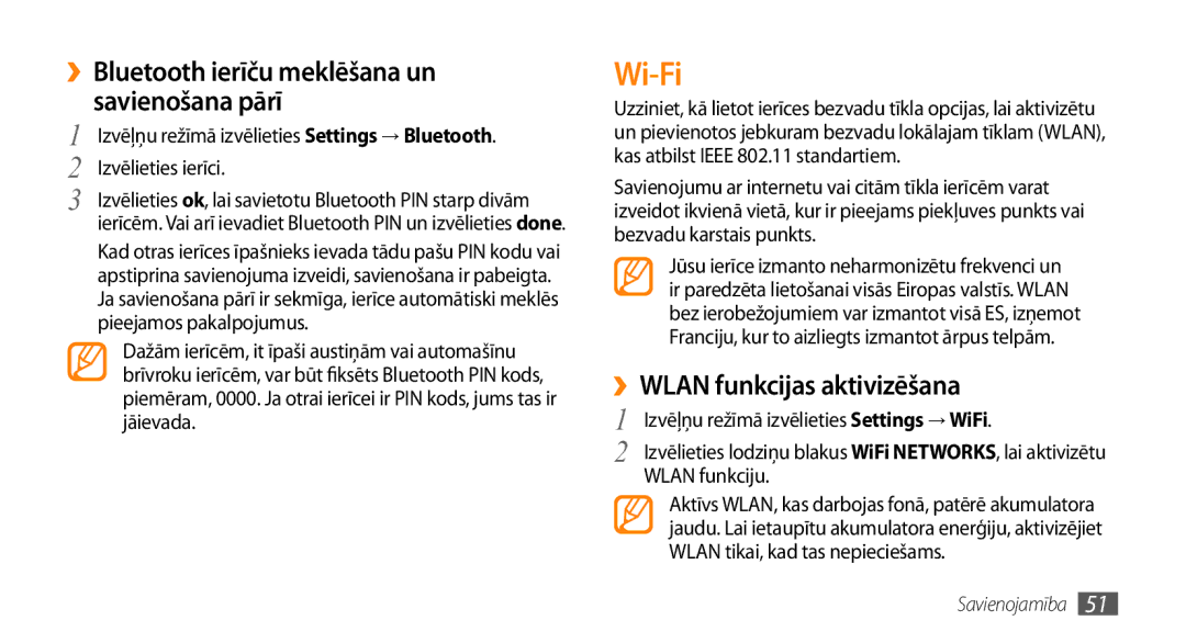 Samsung GT-I8700YKBSEB manual Wi-Fi, ››Bluetooth ierīču meklēšana un Savienošana pārī, ››WLAN funkcijas aktivizēšana 