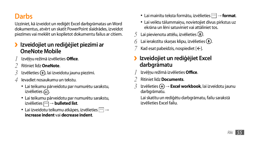 Samsung GT-I8700YKBSEB manual Darbs, ››Izveidojiet un rediģējiet piezīmi ar OneNote Mobile, → bulleted list 