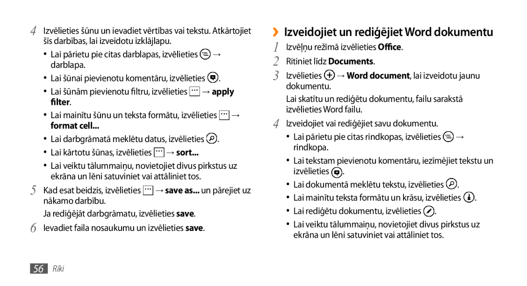 Samsung GT-I8700YKBSEB manual ››Izveidojiet un rediģējiet Word dokumentu, Format cell, Izvēlieties Word failu, Rindkopa 